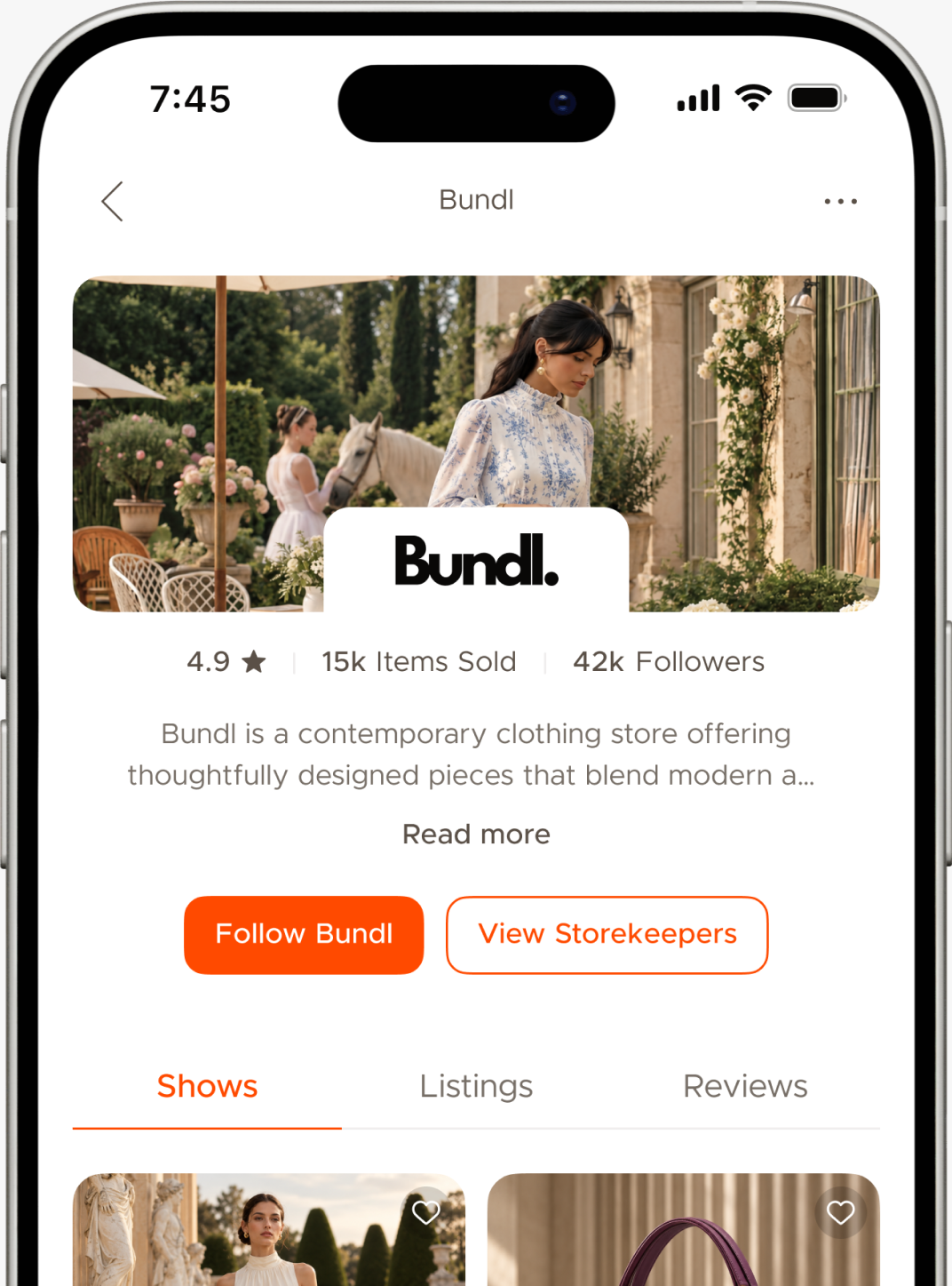 Bundl storefront with live shows, listings, and shopkeepers
