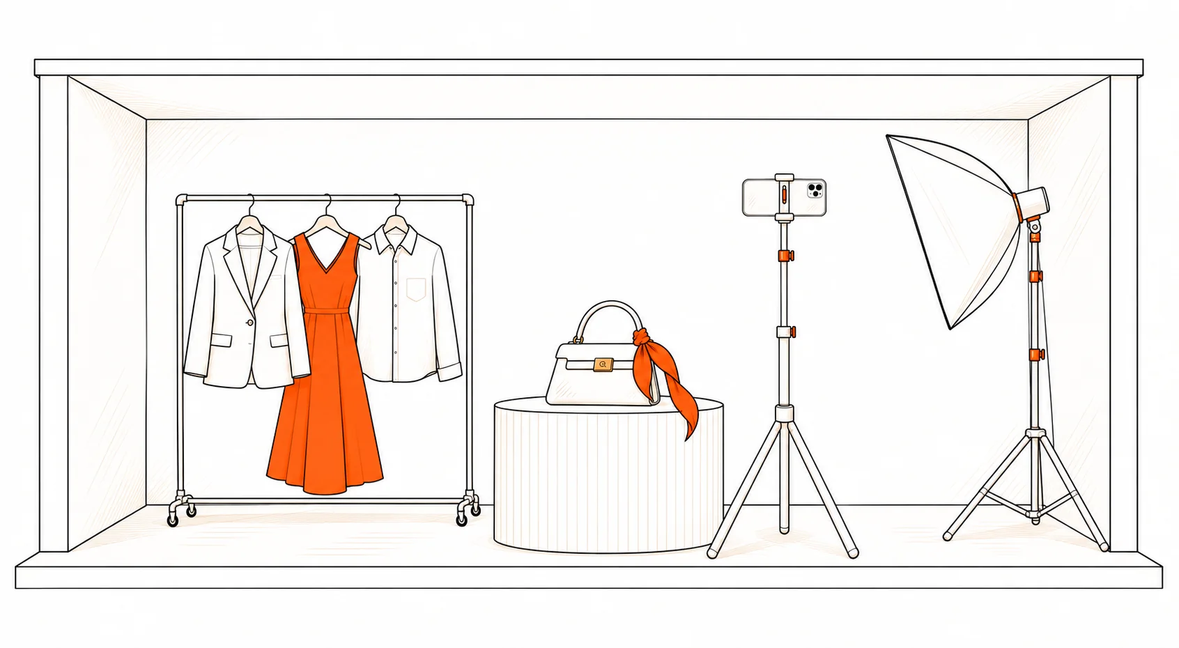 An illustrated live shopping studio with a clothes rack, handbag, phone tripod, and softbox